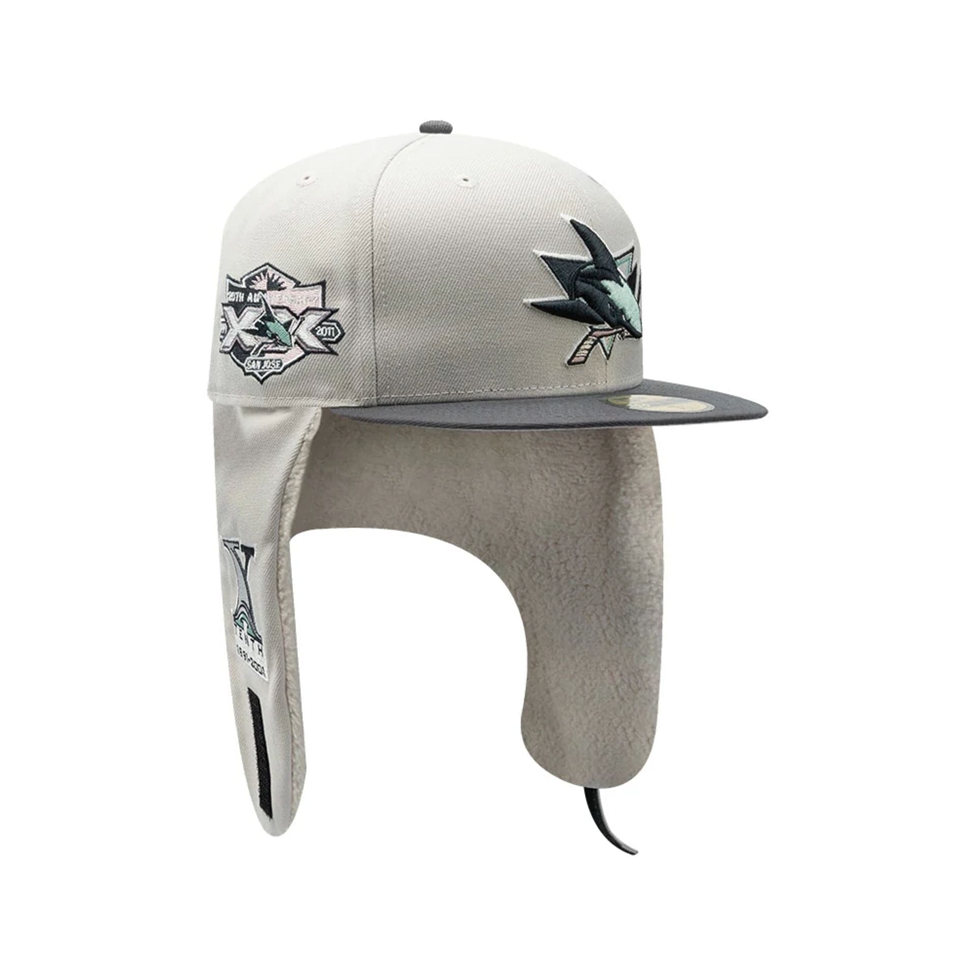 Pictured is this NHL Patch San Jose Sharks Dogear 59FIFTY Fitted cap in light beige. 2