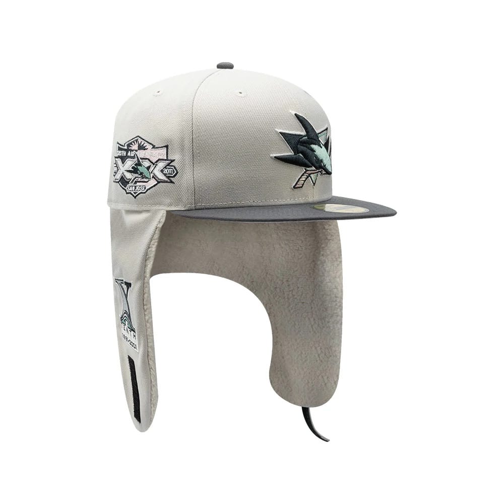Pictured is this NHL Patch San Jose Sharks Dogear 59FIFTY Fitted cap in light beige. 2