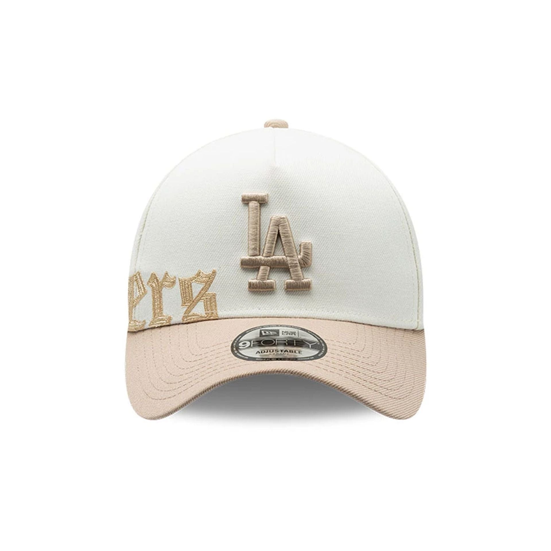 Pictured is this MLB Gothic Script LA Dodgers 9FORTY A-Frame cap in white. 2