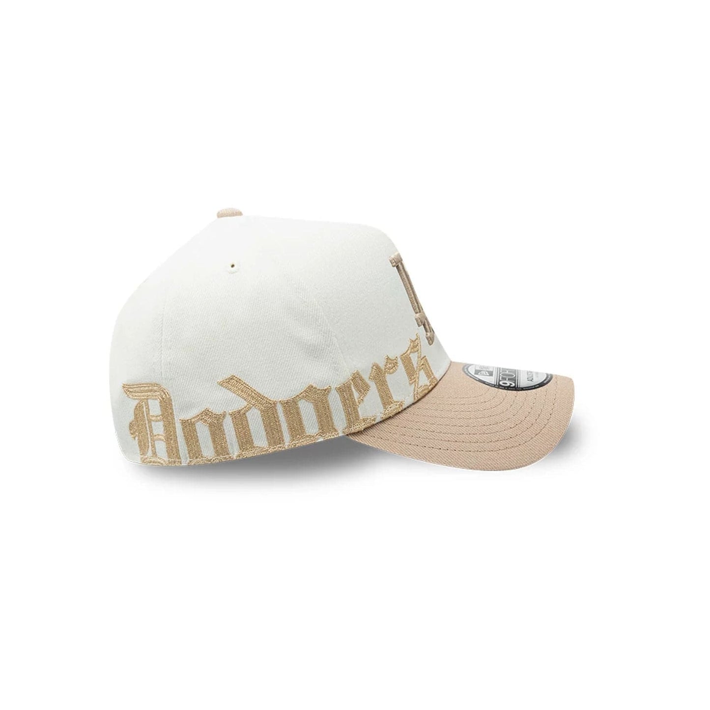 Pictured is this MLB Gothic Script LA Dodgers 9FORTY A-Frame cap in white. 4