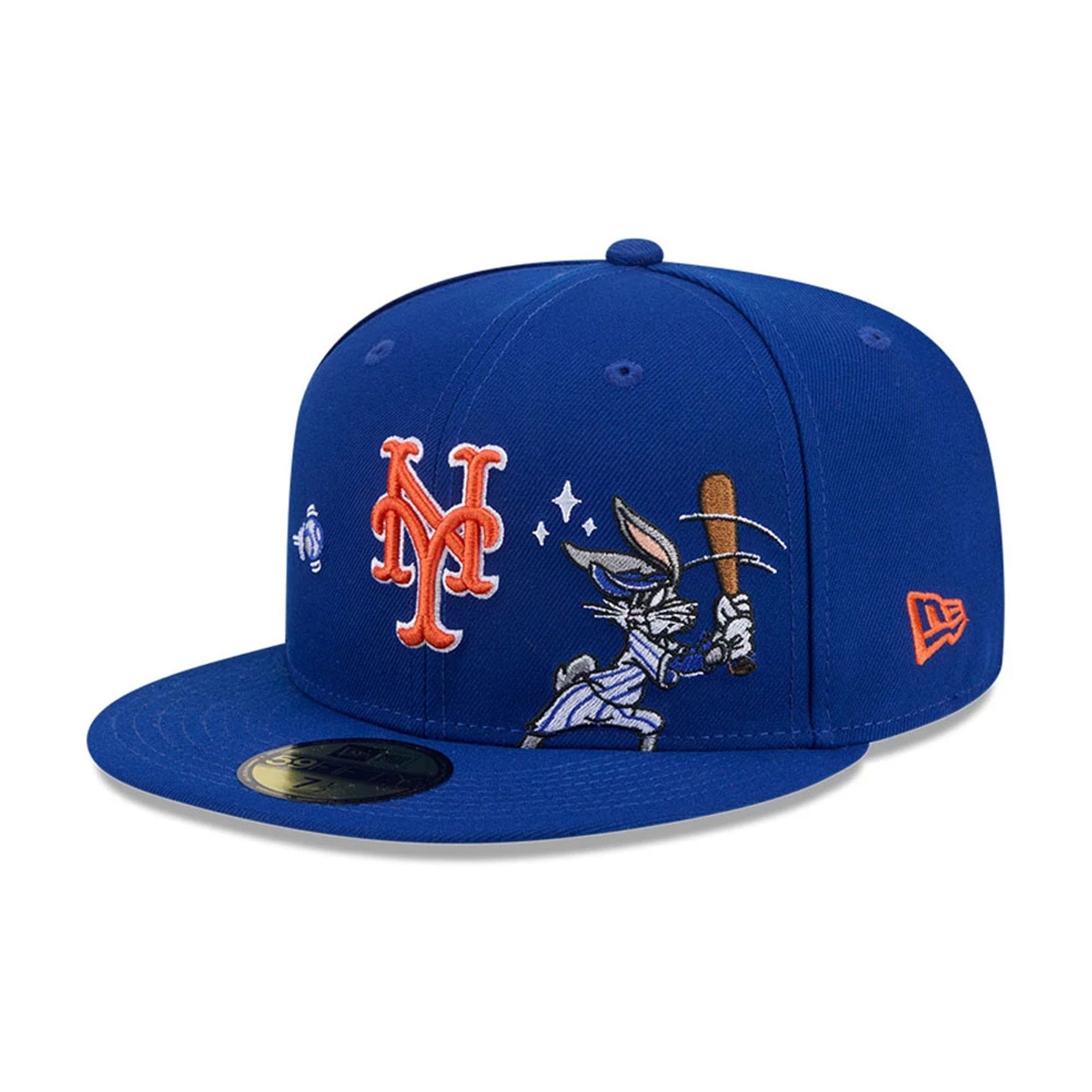 Pictured is this MLB X Looney Tunes Bugs Bunny New York Mets 59FIFTY Fitted cap in blue. 1