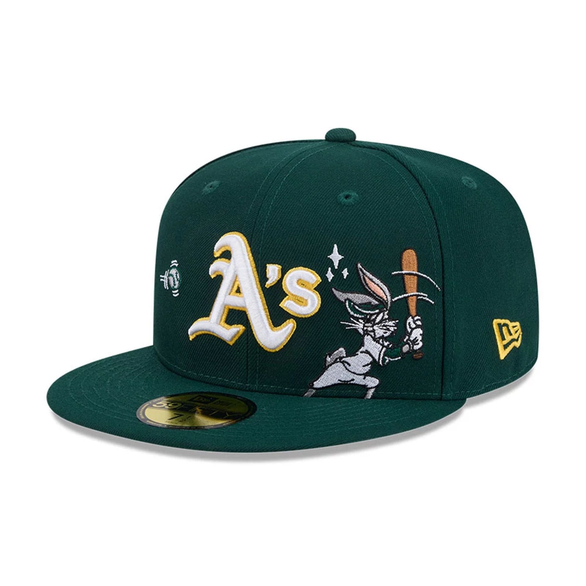 Pictured is this MLB X Looney Tunes Bugs Bunny Athletics 59FIFTY Fitted cap in dark green. 1