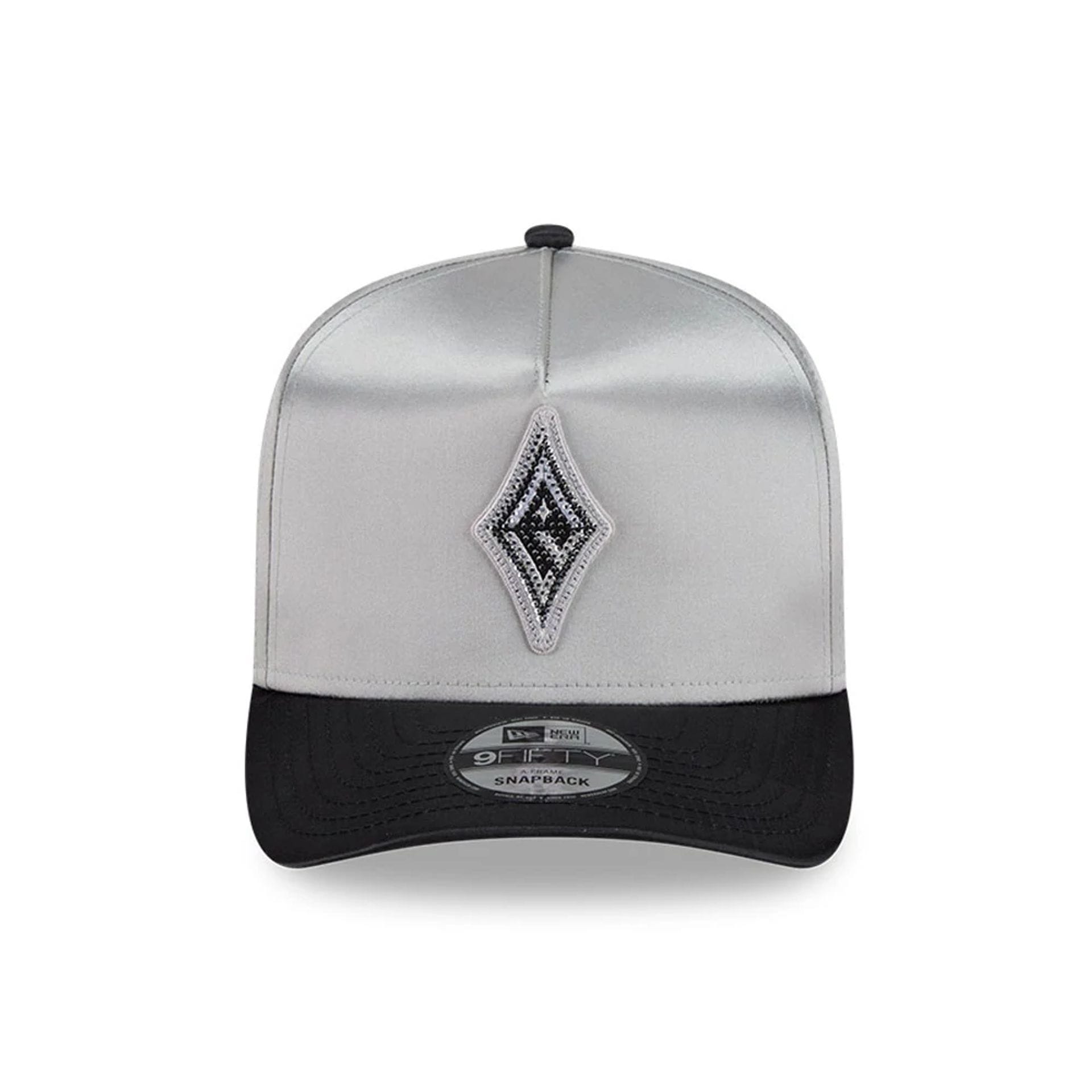 Pictured is this WNBA Draft 2026 Las Vegas Aces 9FIFTY A-Frame Snapback cap in silver. 2