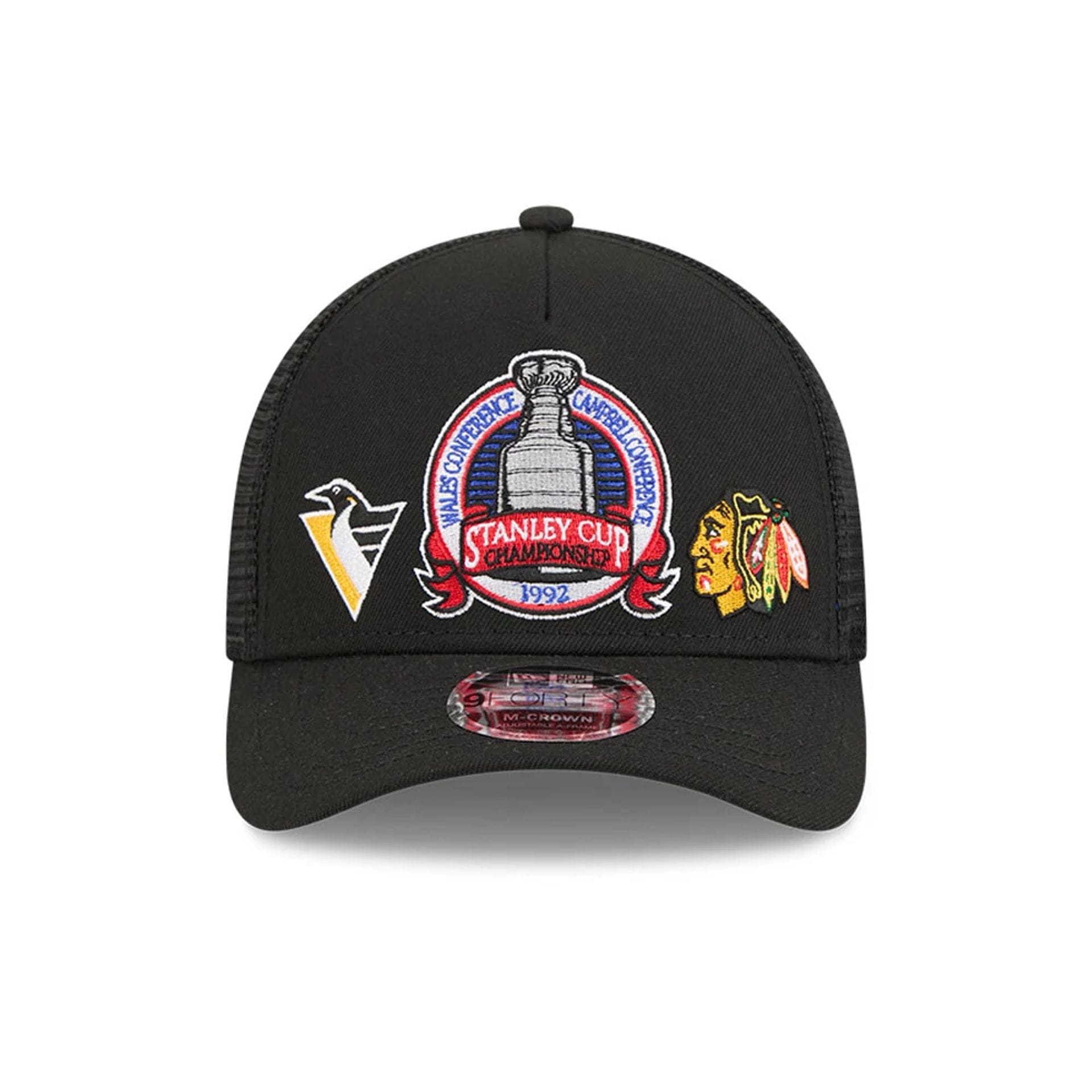 Pictured is this NHL Stanley Cup Champions Pittsburgh Penguins 9FORTY M-Crown A-Frame Trucker Adjustable cap in black. 3
