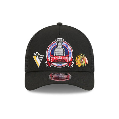 Pictured is this NHL Stanley Cup Champions Pittsburgh Penguins 9FORTY M-Crown A-Frame Trucker Adjustable cap in black. 3