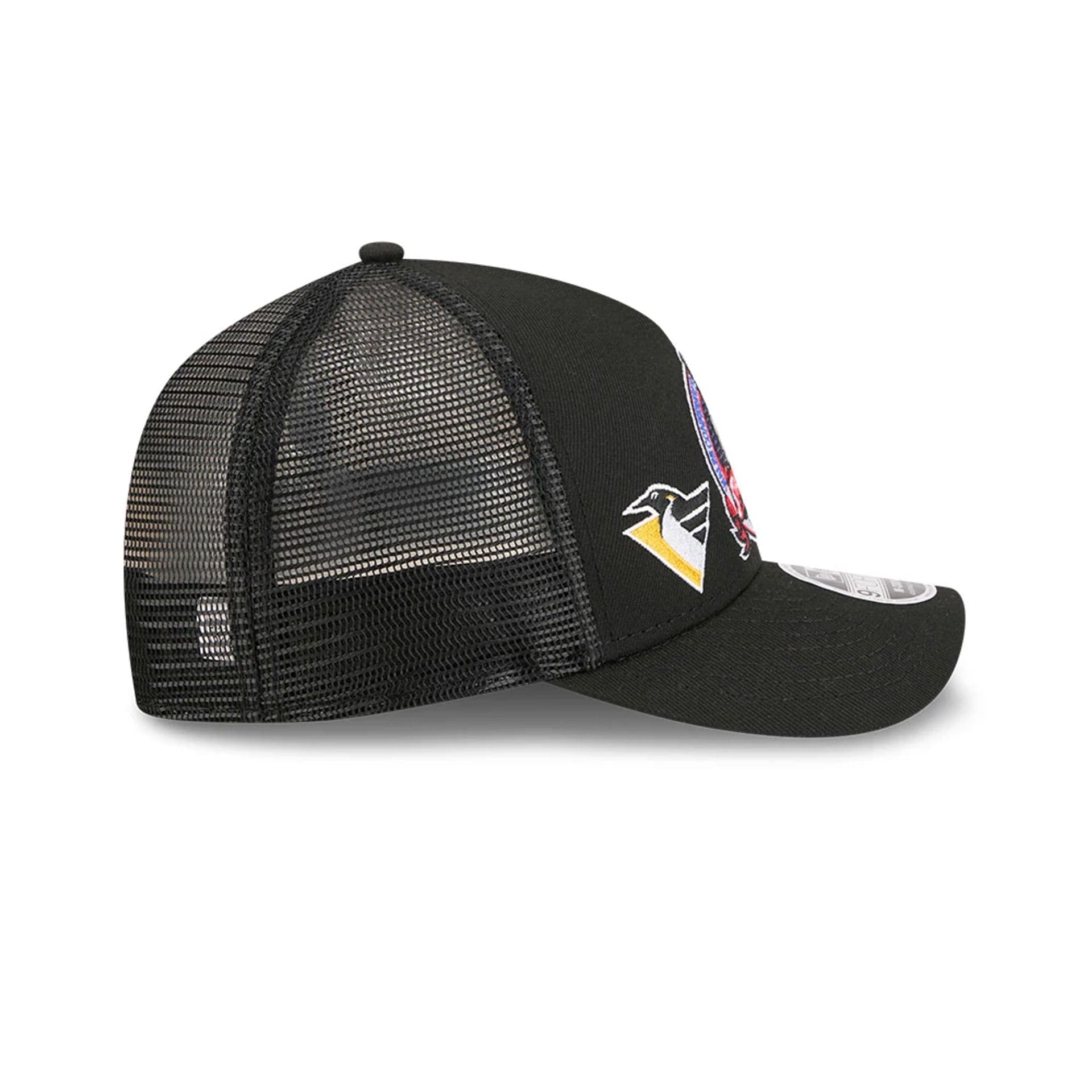 Pictured is this NHL Stanley Cup Champions Pittsburgh Penguins 9FORTY M-Crown A-Frame Trucker Adjustable cap in black. 7