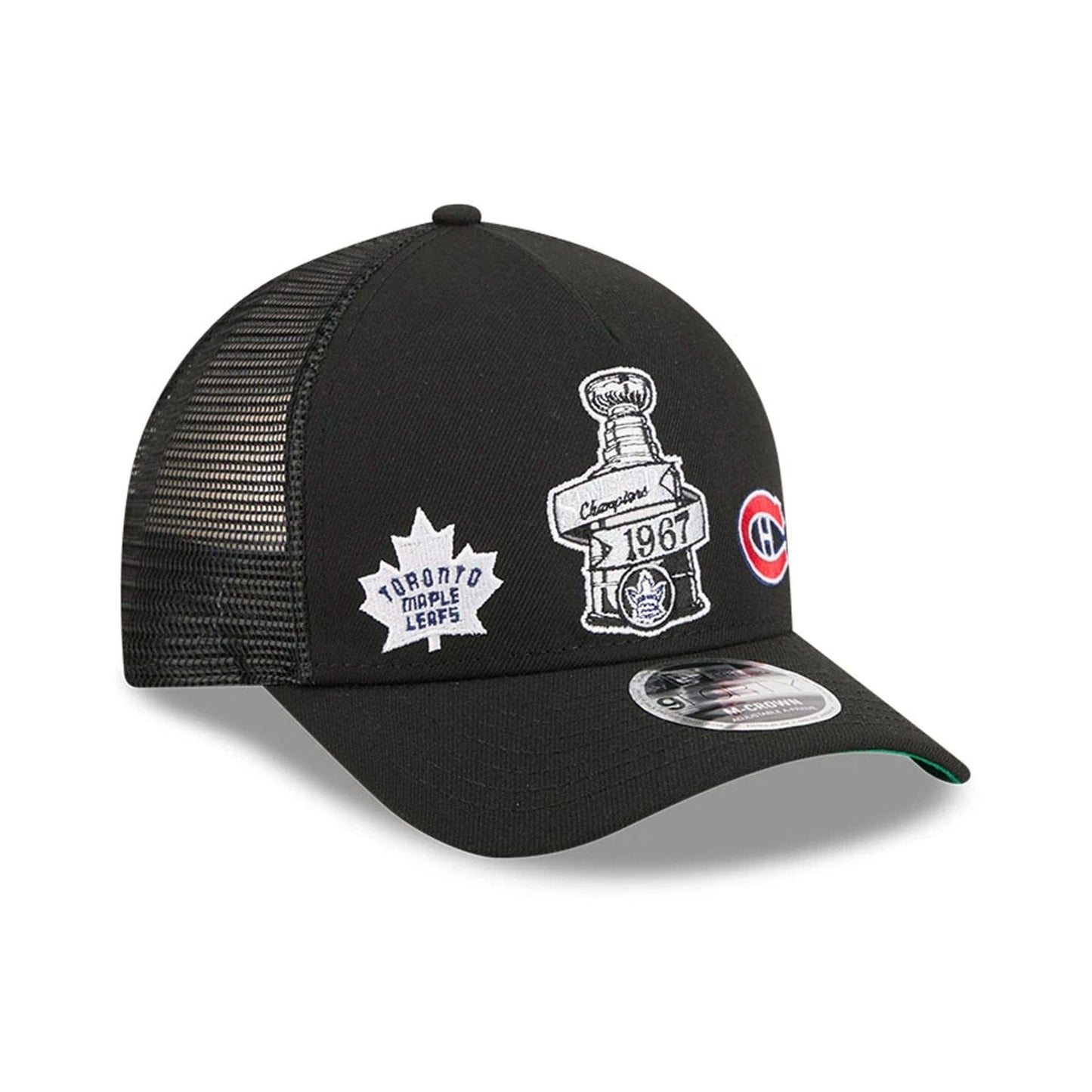 Pictured is this NHL Stanley Cup Champions Toronto Maple Leafs 9FORTY M-Crown A-Frame Trucker Adjustable cap in black. 4