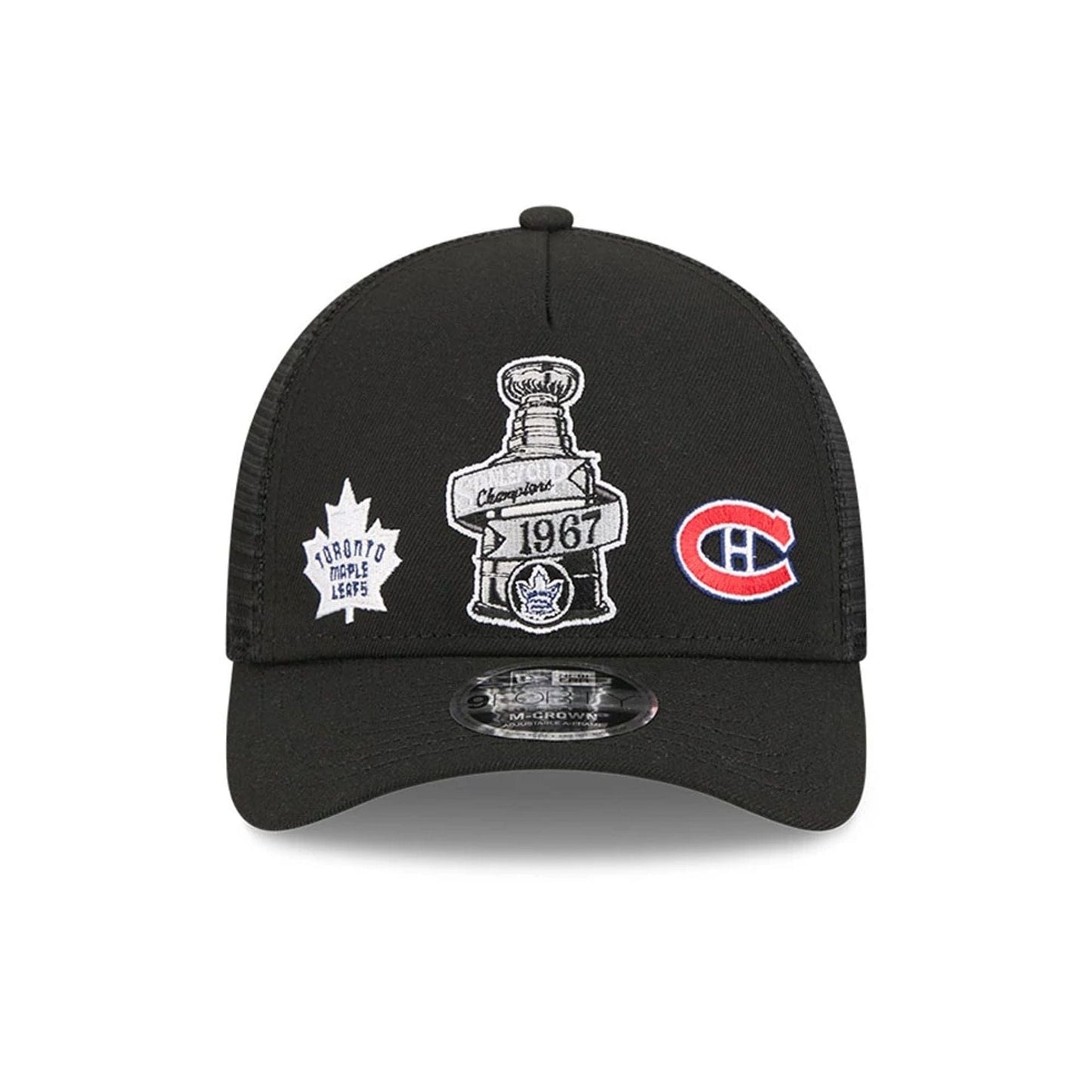 Pictured is this NHL Stanley Cup Champions Toronto Maple Leafs 9FORTY M-Crown A-Frame Trucker Adjustable cap in black. 3