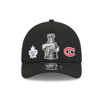 Pictured is this NHL Stanley Cup Champions Toronto Maple Leafs 9FORTY M-Crown A-Frame Trucker Adjustable cap in black. 3