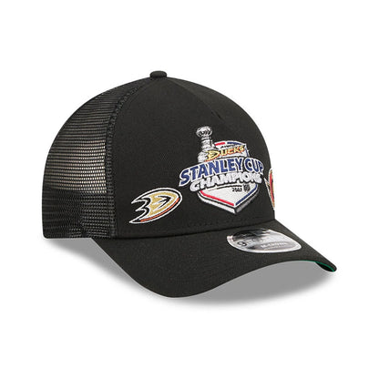 Pictured is this NHL Stanley Cup Champions Anaheim Ducks 9FORTY M-Crown A-Frame Trucker Adjustable cap in black. 4