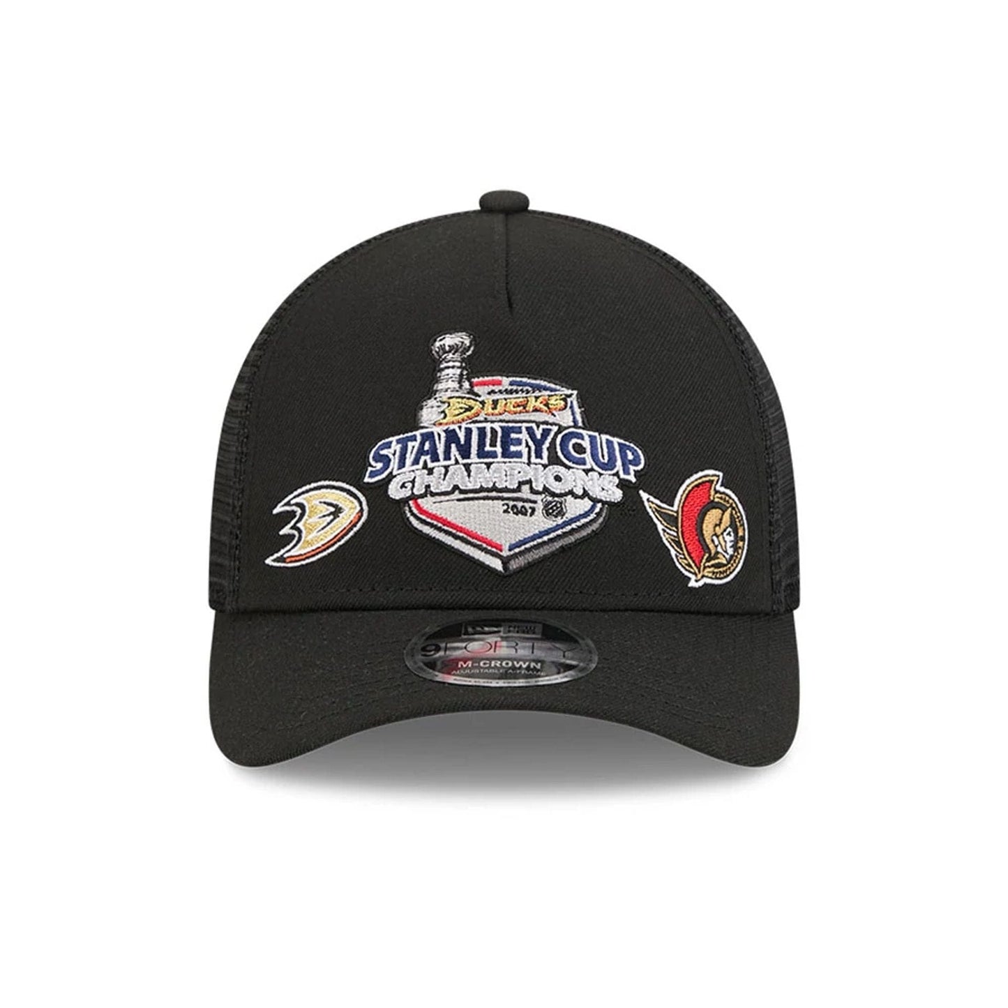 Pictured is this NHL Stanley Cup Champions Anaheim Ducks 9FORTY M-Crown A-Frame Trucker Adjustable cap in black. 3