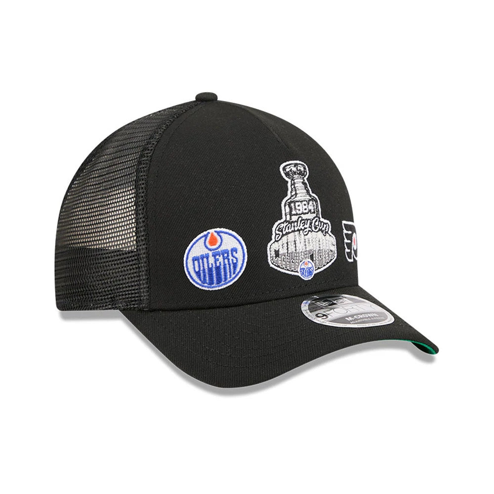 Pictured is this NHL Stanley Cup Champions Edmonton Oilers 9FORTY M-Crown A-Frame Trucker Adjustable cap in black. 4