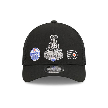 Pictured is this NHL Stanley Cup Champions Edmonton Oilers 9FORTY M-Crown A-Frame Trucker Adjustable cap in black. 3