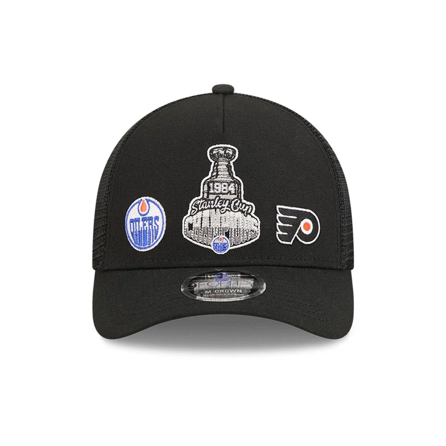 Pictured is this NHL Stanley Cup Champions Edmonton Oilers 9FORTY M-Crown A-Frame Trucker Adjustable cap in black. 3