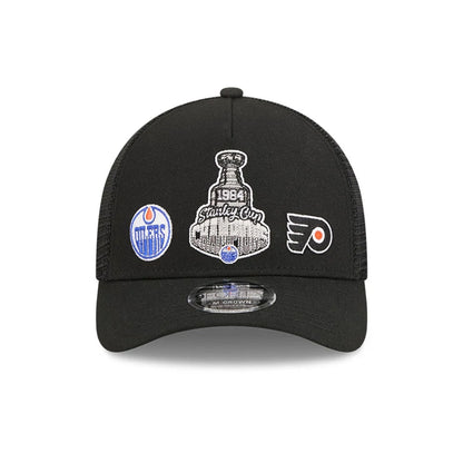Pictured is this NHL Stanley Cup Champions Edmonton Oilers 9FORTY M-Crown A-Frame Trucker Adjustable cap in black. 3