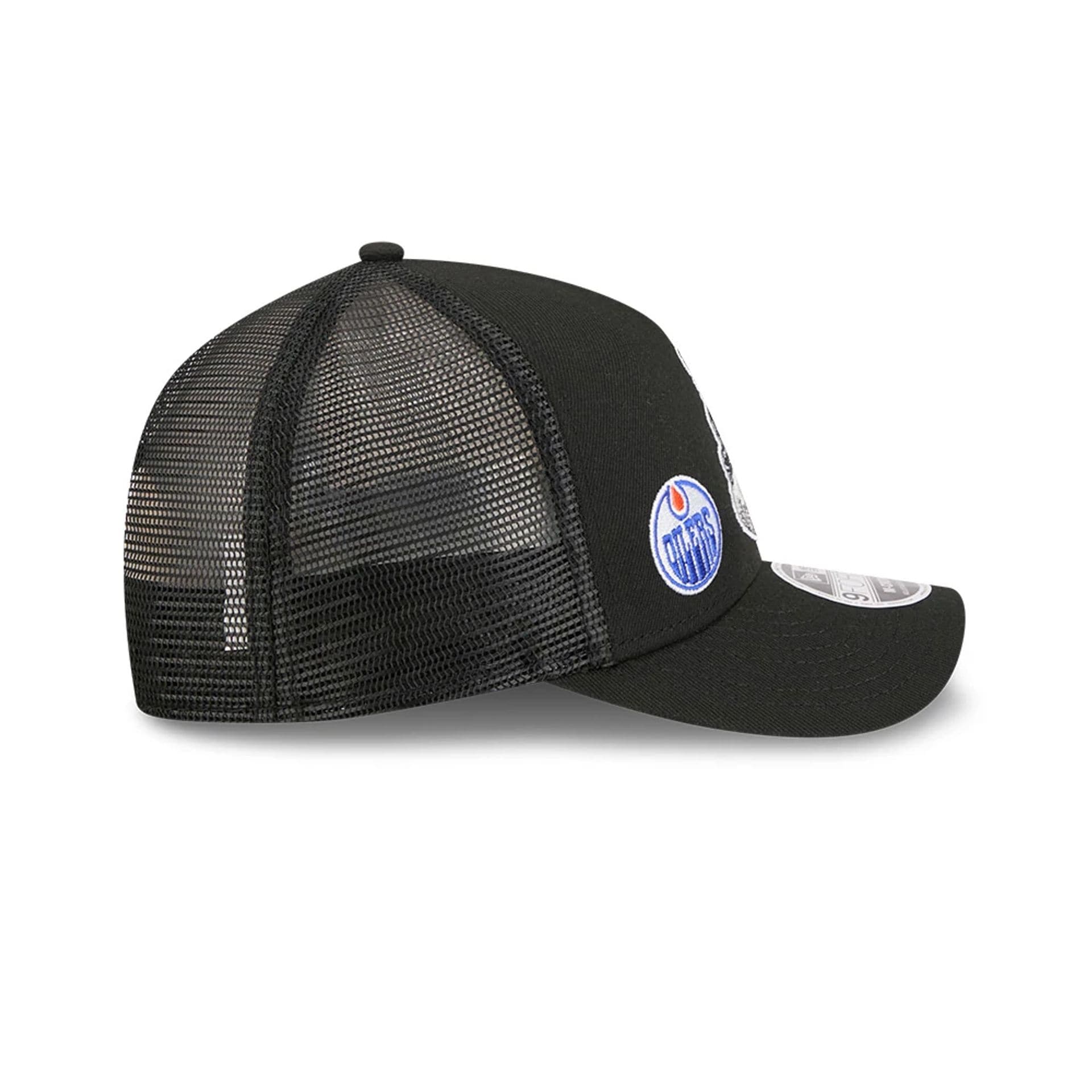 Pictured is this NHL Stanley Cup Champions Edmonton Oilers 9FORTY M-Crown A-Frame Trucker Adjustable cap in black. 5