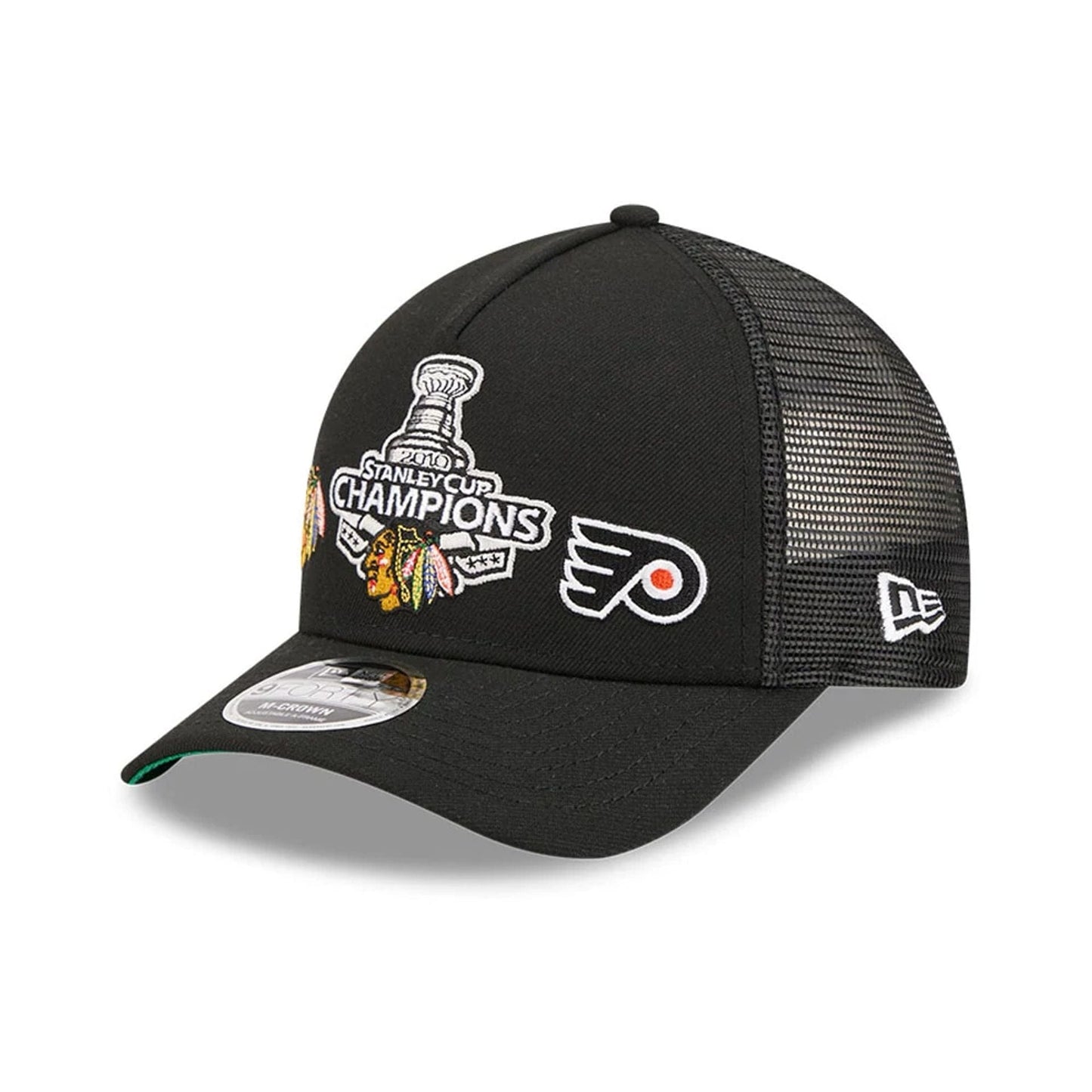 Pictured is this NHL Stanley Cup Champions Chicago Blackhawks 9FORTY M-Crown A-Frame Trucker Adjustable cap in black. 1