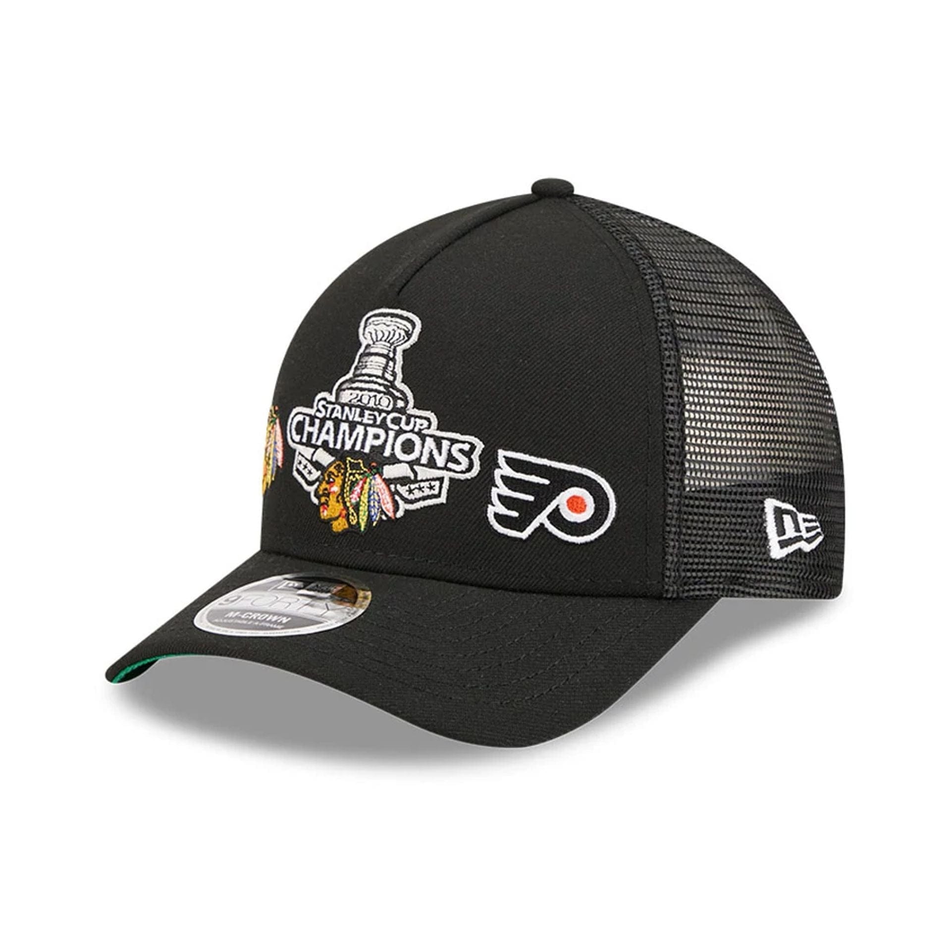 Pictured is this NHL Stanley Cup Champions Chicago Blackhawks 9FORTY M-Crown A-Frame Trucker Adjustable cap in black. 1