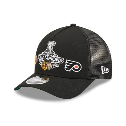 Pictured is this NHL Stanley Cup Champions Chicago Blackhawks 9FORTY M-Crown A-Frame Trucker Adjustable cap in black. 1