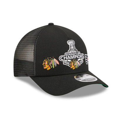 Pictured is this NHL Stanley Cup Champions Chicago Blackhawks 9FORTY M-Crown A-Frame Trucker Adjustable cap in black. 4