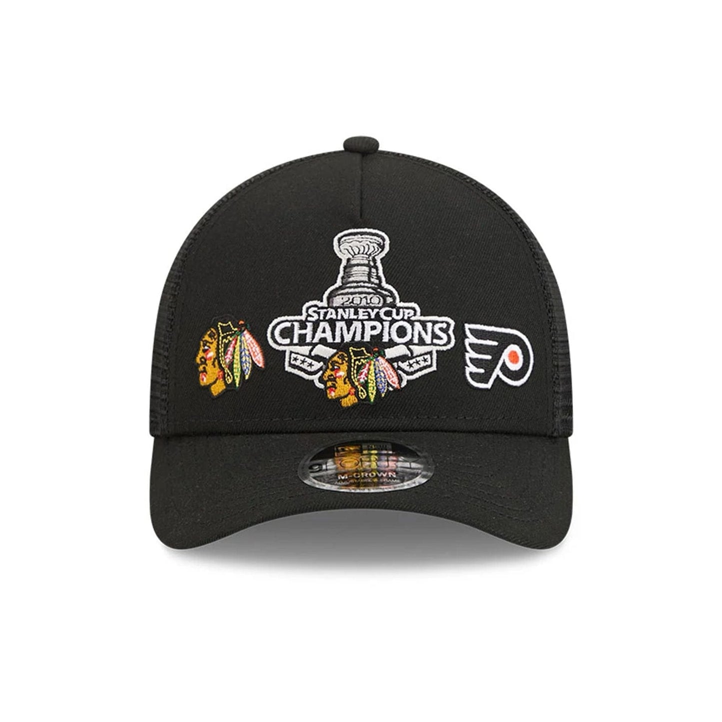 Pictured is this NHL Stanley Cup Champions Chicago Blackhawks 9FORTY M-Crown A-Frame Trucker Adjustable cap in black. 3