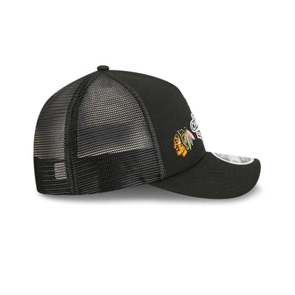 Pictured is this NHL Stanley Cup Champions Chicago Blackhawks 9FORTY M-Crown A-Frame Trucker Adjustable cap in black. 6