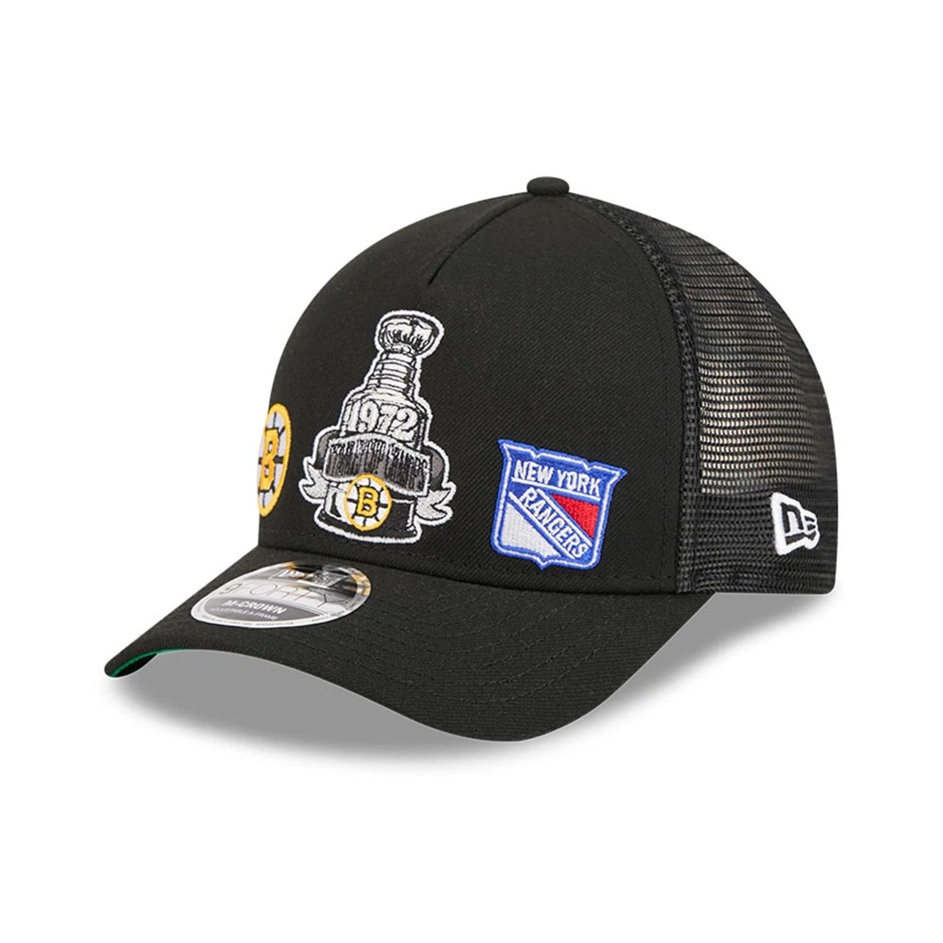 Pictured is this NHL Stanley Cup Champions Boston Bruins 9FORTY M-Crown A-Frame Trucker Adjustable cap in black. 1