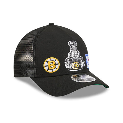 Pictured is this NHL Stanley Cup Champions Boston Bruins 9FORTY M-Crown A-Frame Trucker Adjustable cap in black. 4