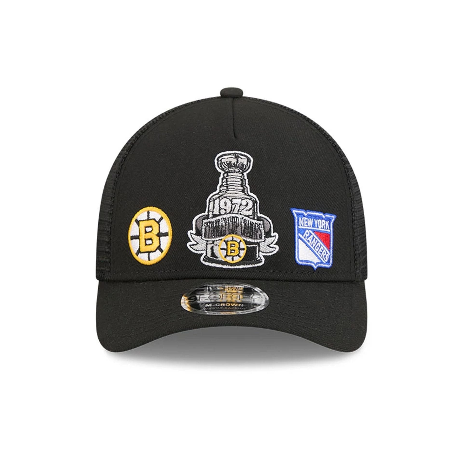 Pictured is this NHL Stanley Cup Champions Boston Bruins 9FORTY M-Crown A-Frame Trucker Adjustable cap in black. 3