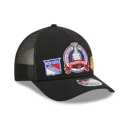 Pictured is this NHL Stanley Cup Champions New York Rangers 9FORTY M-Crown A-Frame Trucker Adjustable cap in black. 4