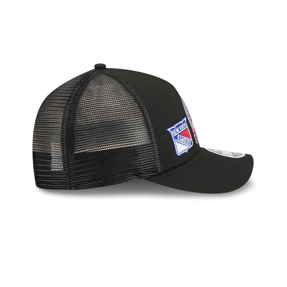Pictured is this NHL Stanley Cup Champions New York Rangers 9FORTY M-Crown A-Frame Trucker Adjustable cap in black. 6