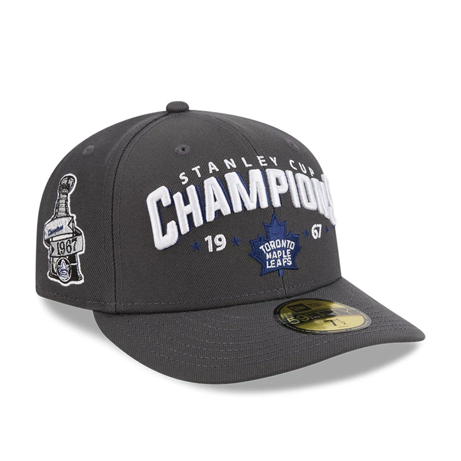Pictured is this NHL Stanley Cup Champions Toronto Maple Leafs 59FIFTY Fitted cap in dark grey. 1