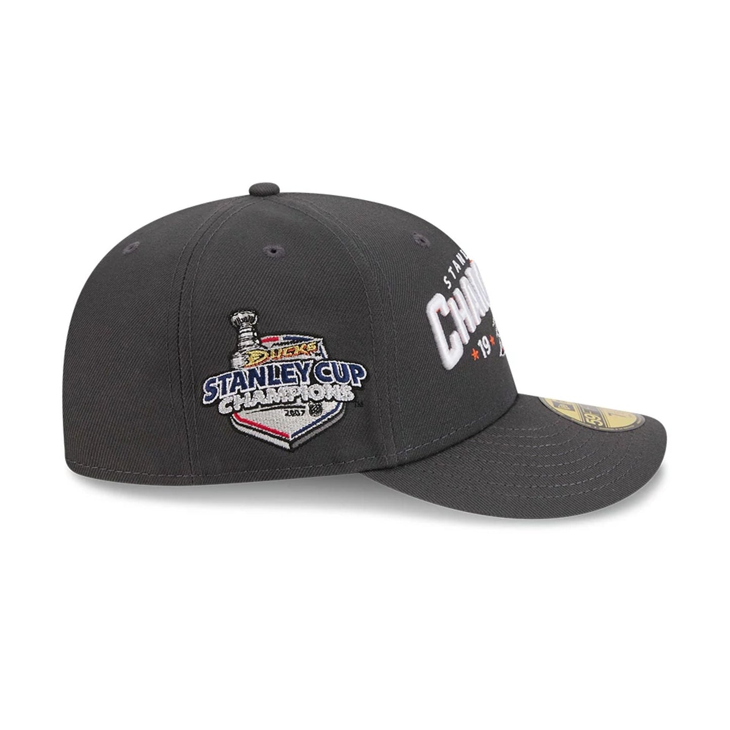 Pictured is this NHL Stanley Cup Champions Anaheim Ducks 59FIFTY Fitted cap in dark grey. 5