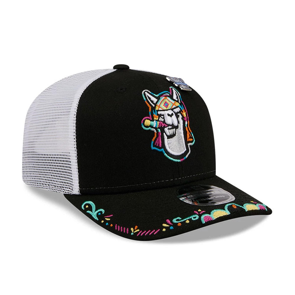 Pictured is this MiLB La Copa 2026 Hickory Crawdads 9SEVENTY Stretch Snap cap in black. 4