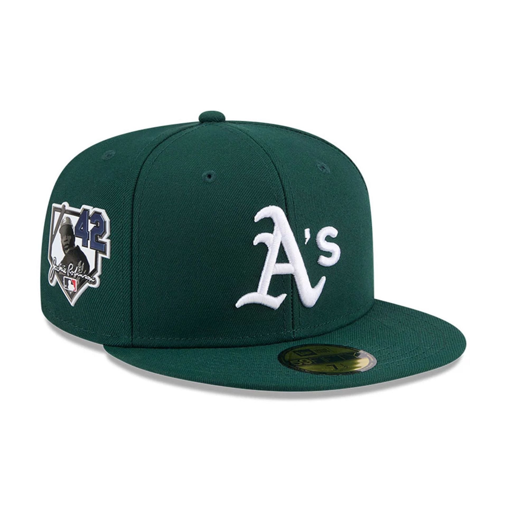 Pictured is this MLB Jackie Robinson Athletics 59FIFTY Fitted cap in dark green. 1