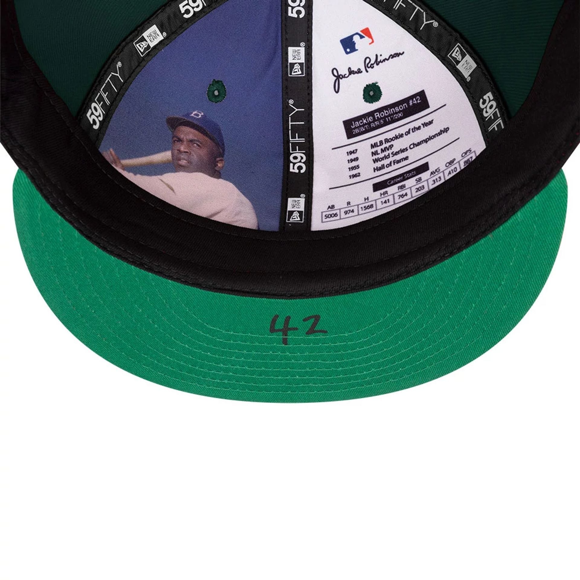 Pictured is this MLB Jackie Robinson Athletics 59FIFTY Fitted cap in dark green. 2