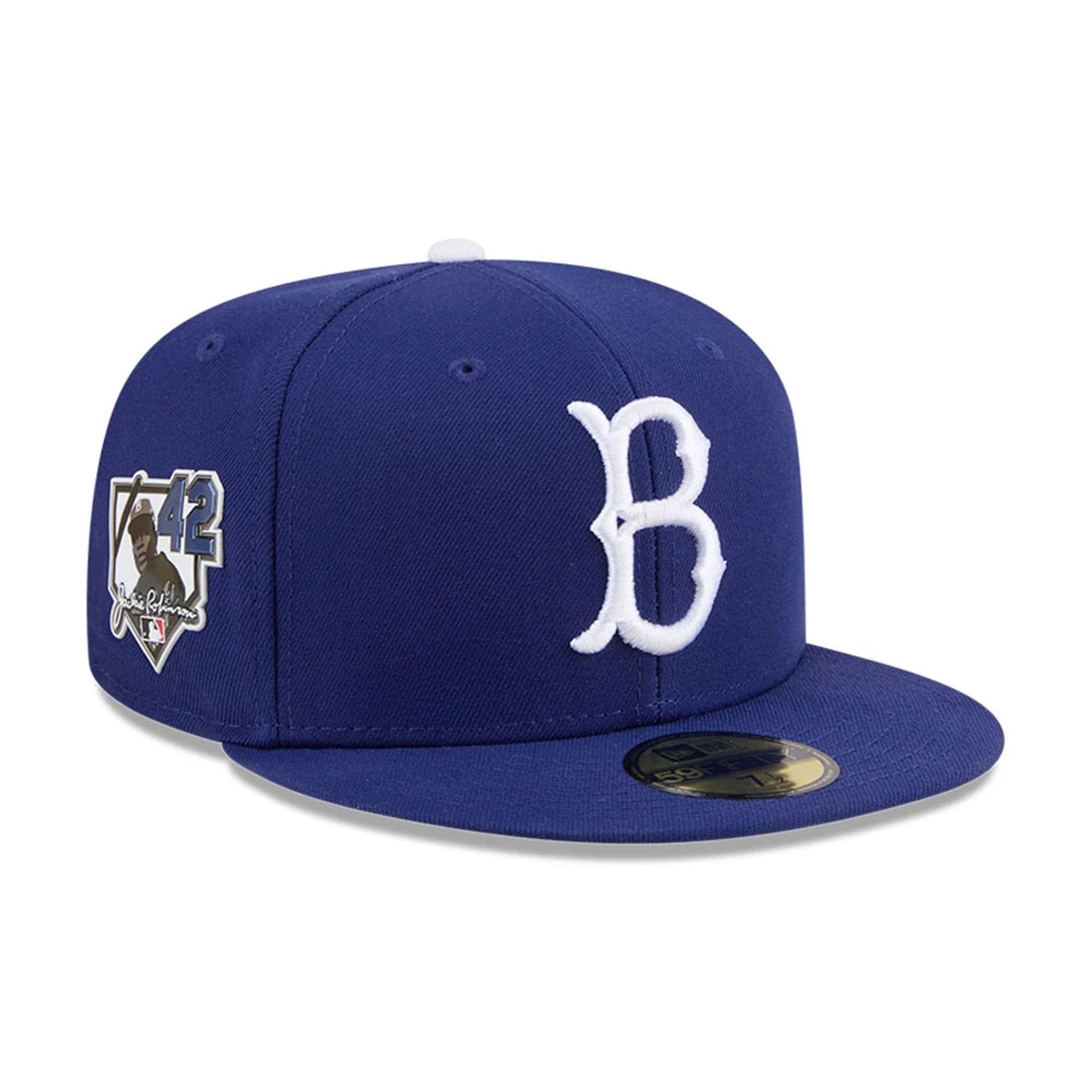 Pictured is this MLB Jackie Robinson Brooklyn Dodgers 59FIFTY Fitted cap in Navy. 1