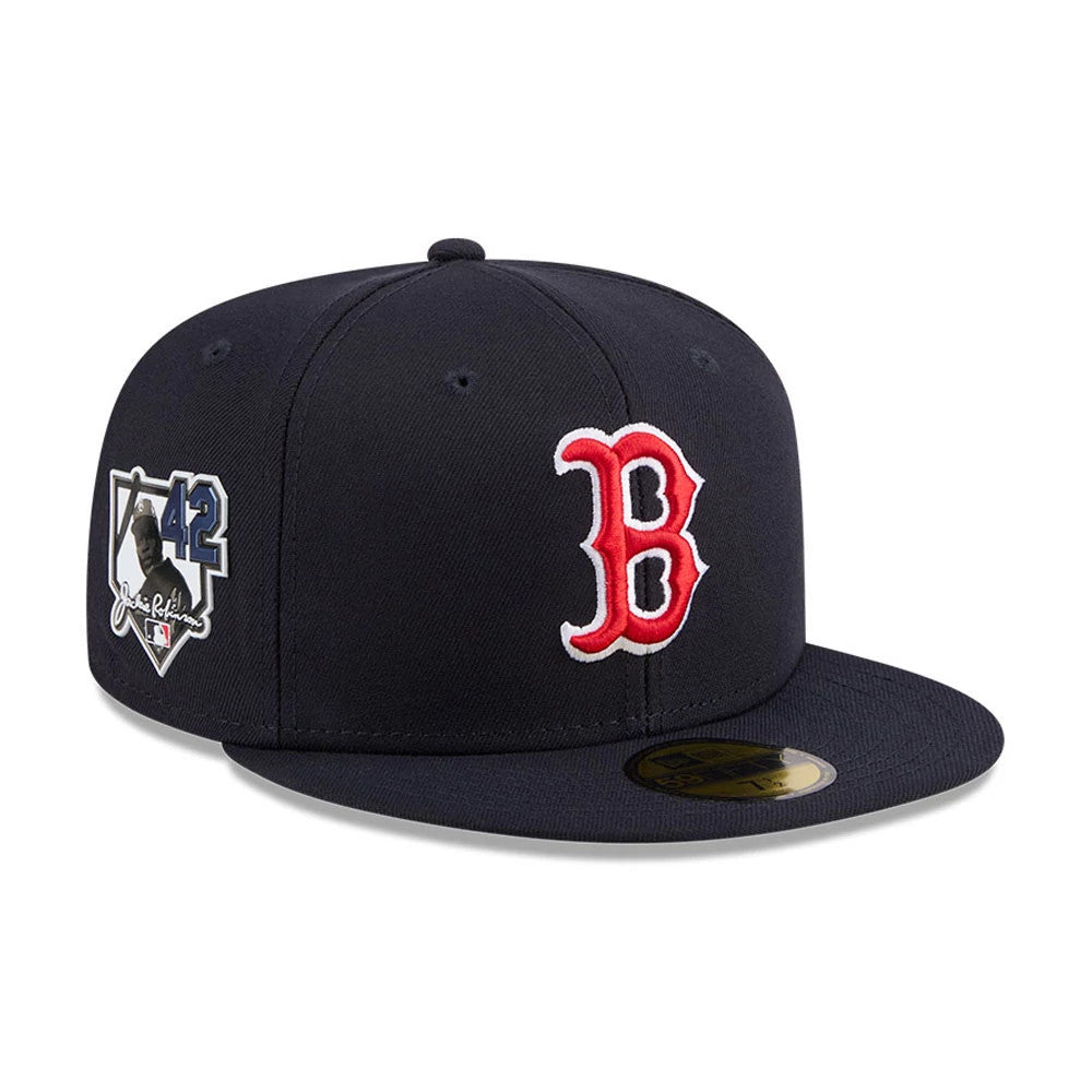 Pictured is this MLB Jackie Robinson Boston Red Sox 59FIFTY Fitted cap in navy. 1
