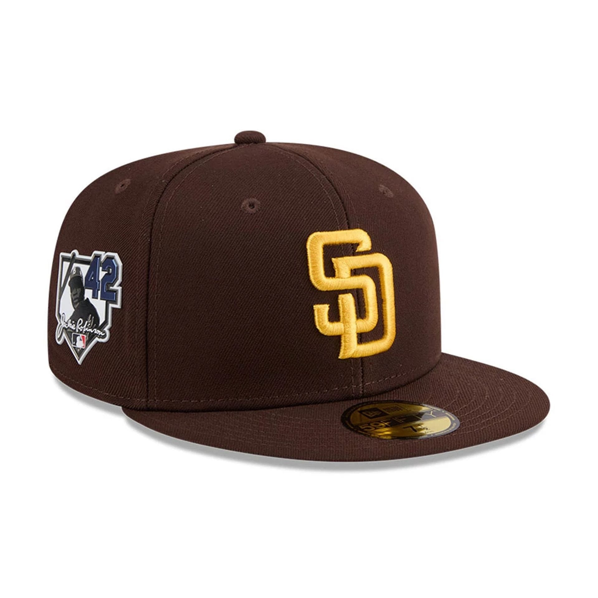 Pictured is this MLB Jackie Robinson San Diego Padres 59FIFTY Fitted cap in dark brown. 1