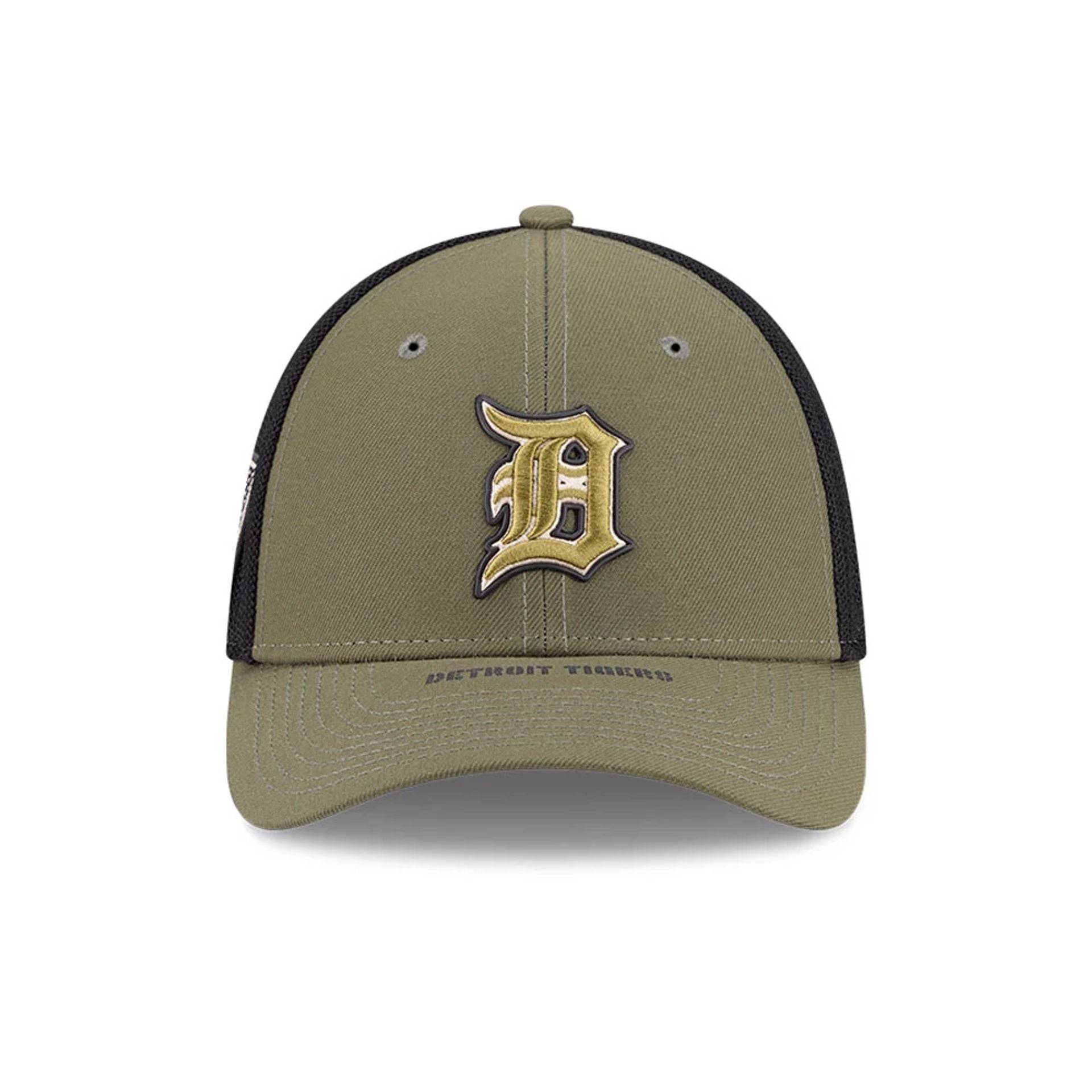 Pictured is this MLB Armed Forces Day 2026 Detroit Tigers 39THIRTY M-Crown Stretch Fit cap in green. 2
