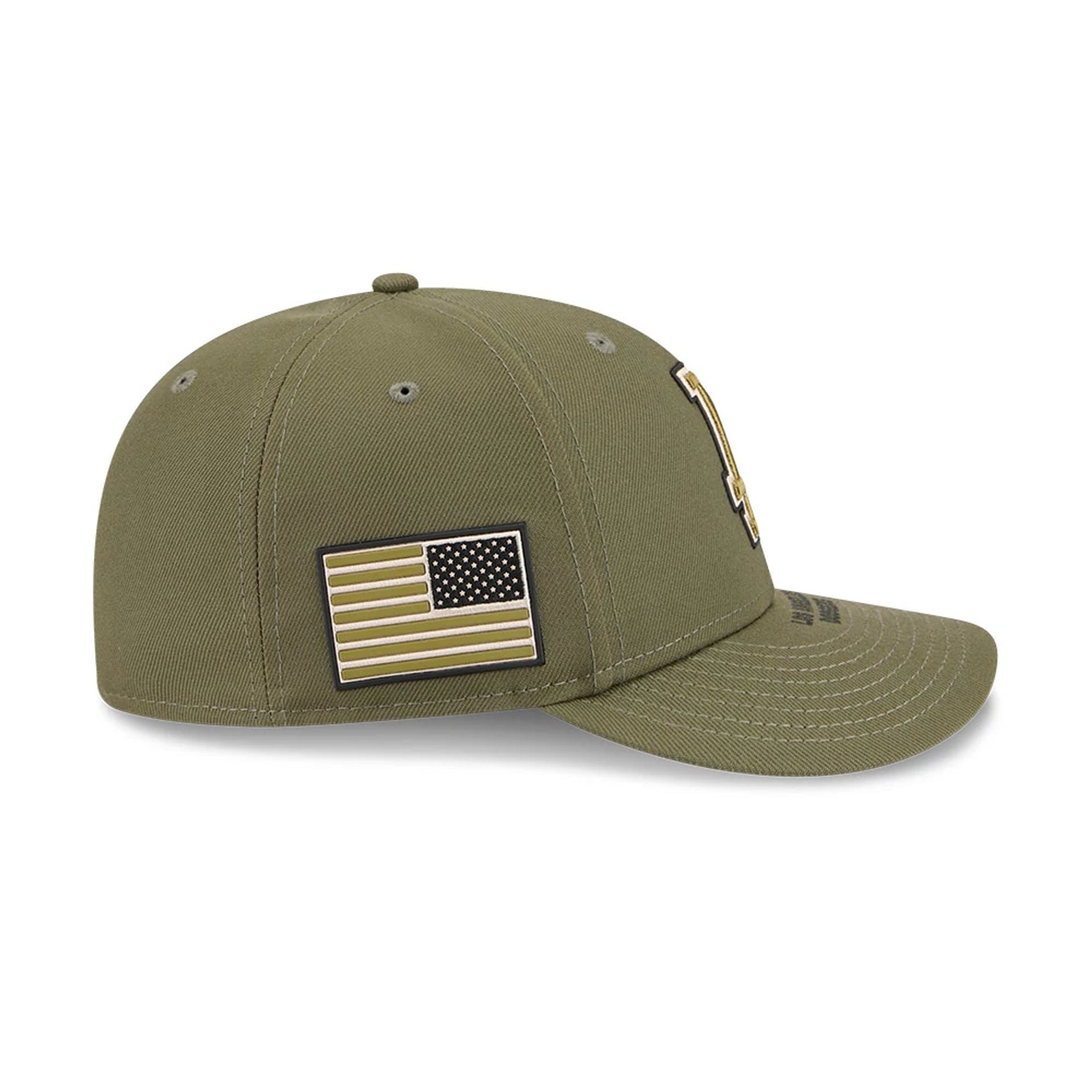 Pictured is this MLB Armed Forces Day 2026 LA Dodgers Low Profile 59FIFTY Fitted cap in green. 5
