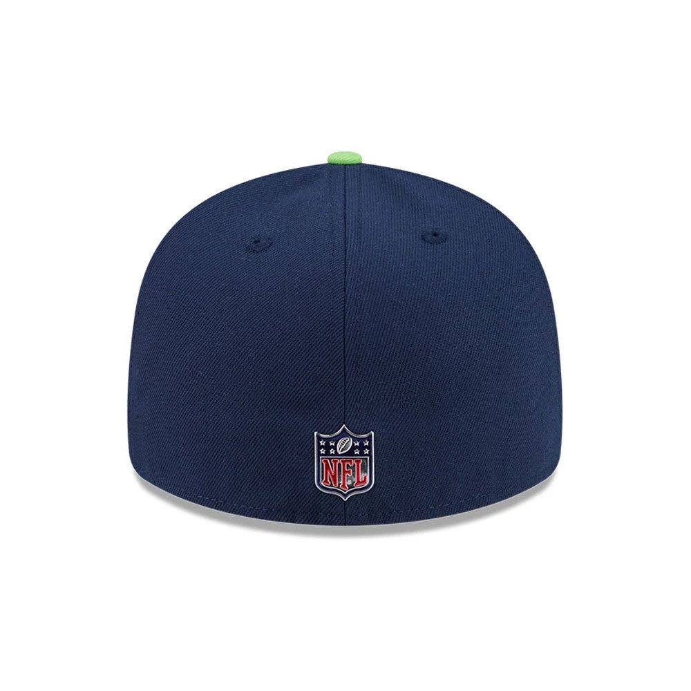 Seattle Seahawks NFL Draft 2026 Dark Blue New Era 59FIFTY Fitted Cap, rear view showing the NFL shield logo embroidered at the centre back of the dark blue structured crown, with a contrasting green top button and matching eyelets.