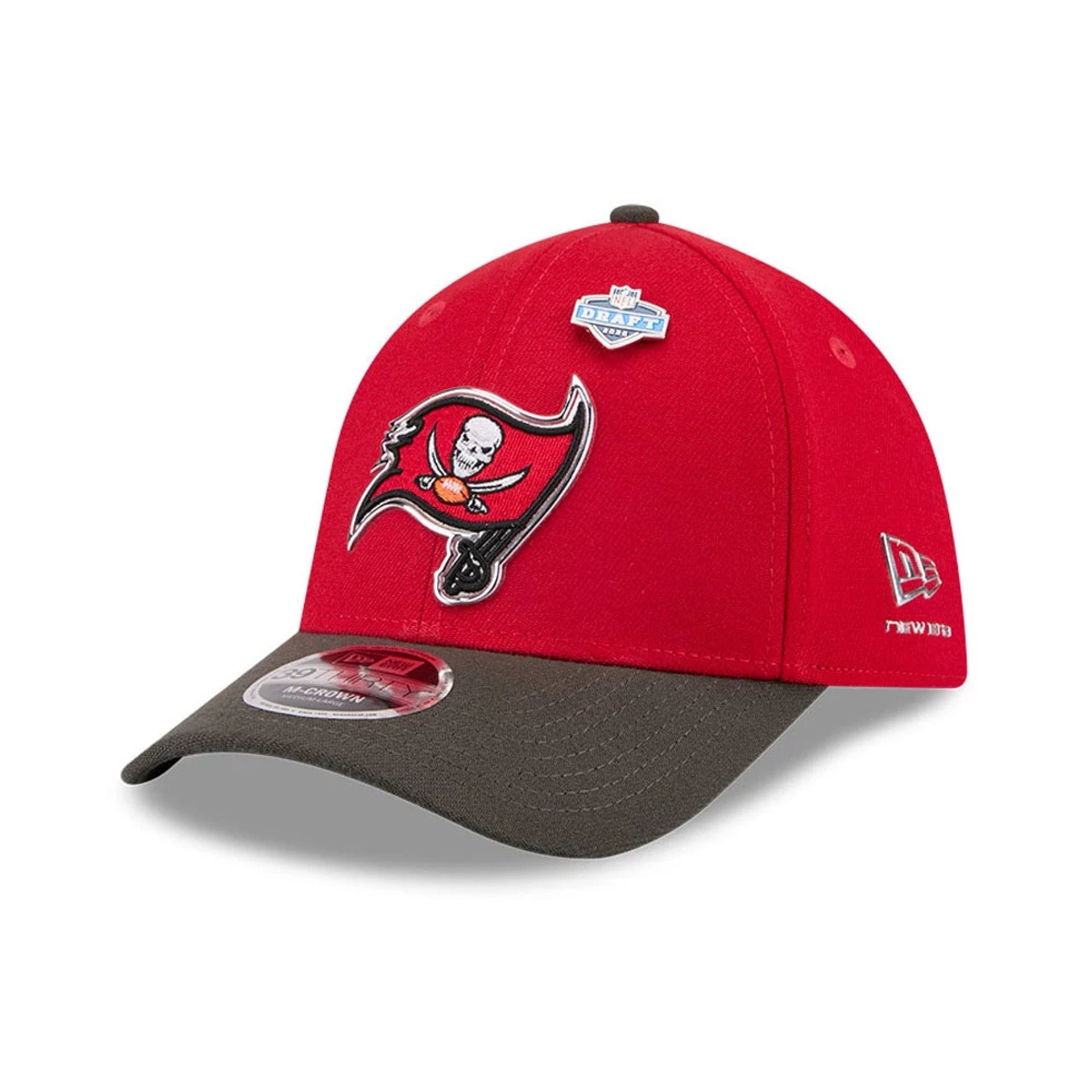 Pictured is this NFL Draft 2026 Tampa Bay Buccaneers 39THIRTY M-Crown Stretch Fit cap in red. 1