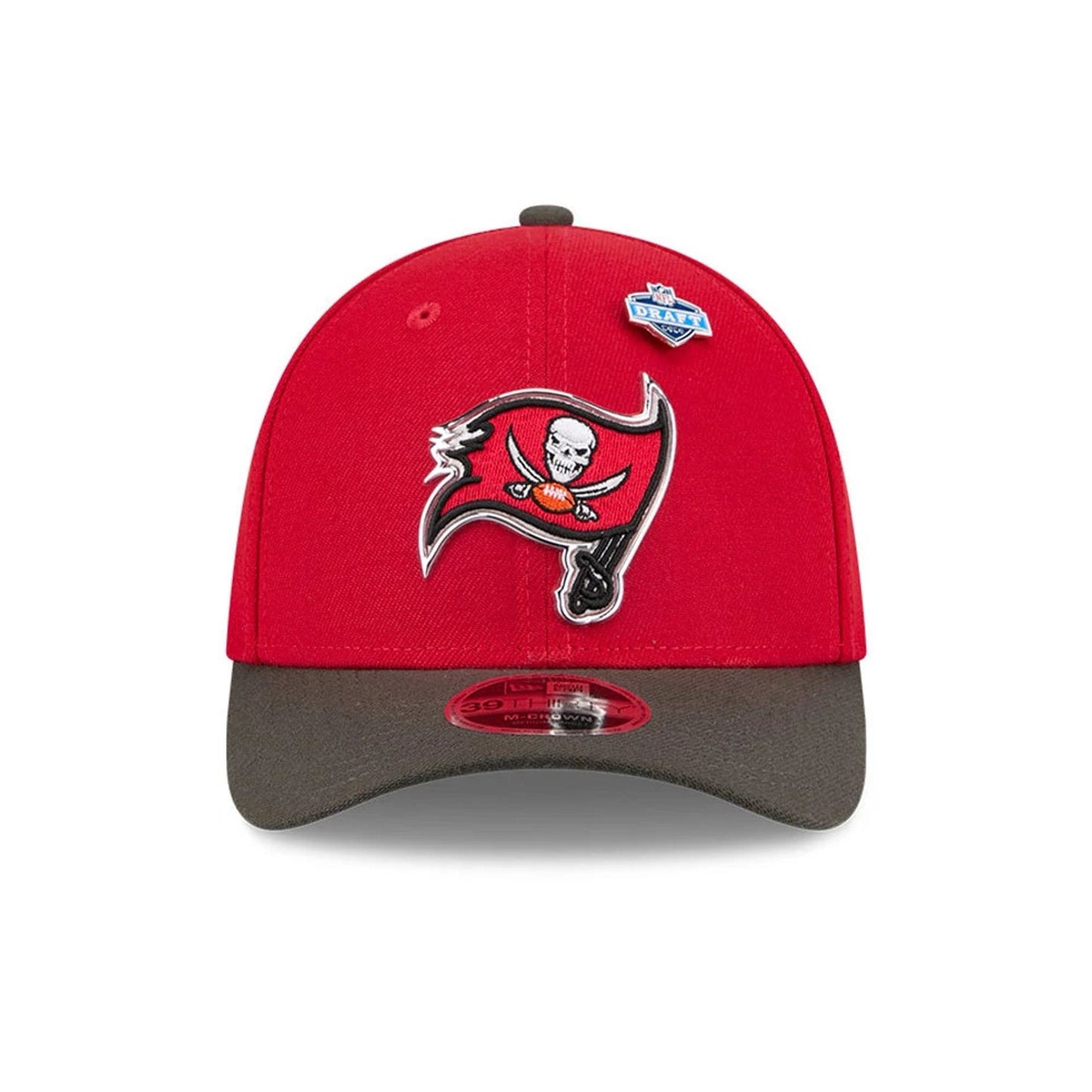Pictured is this NFL Draft 2026 Tampa Bay Buccaneers 39THIRTY M-Crown Stretch Fit cap in red. 3