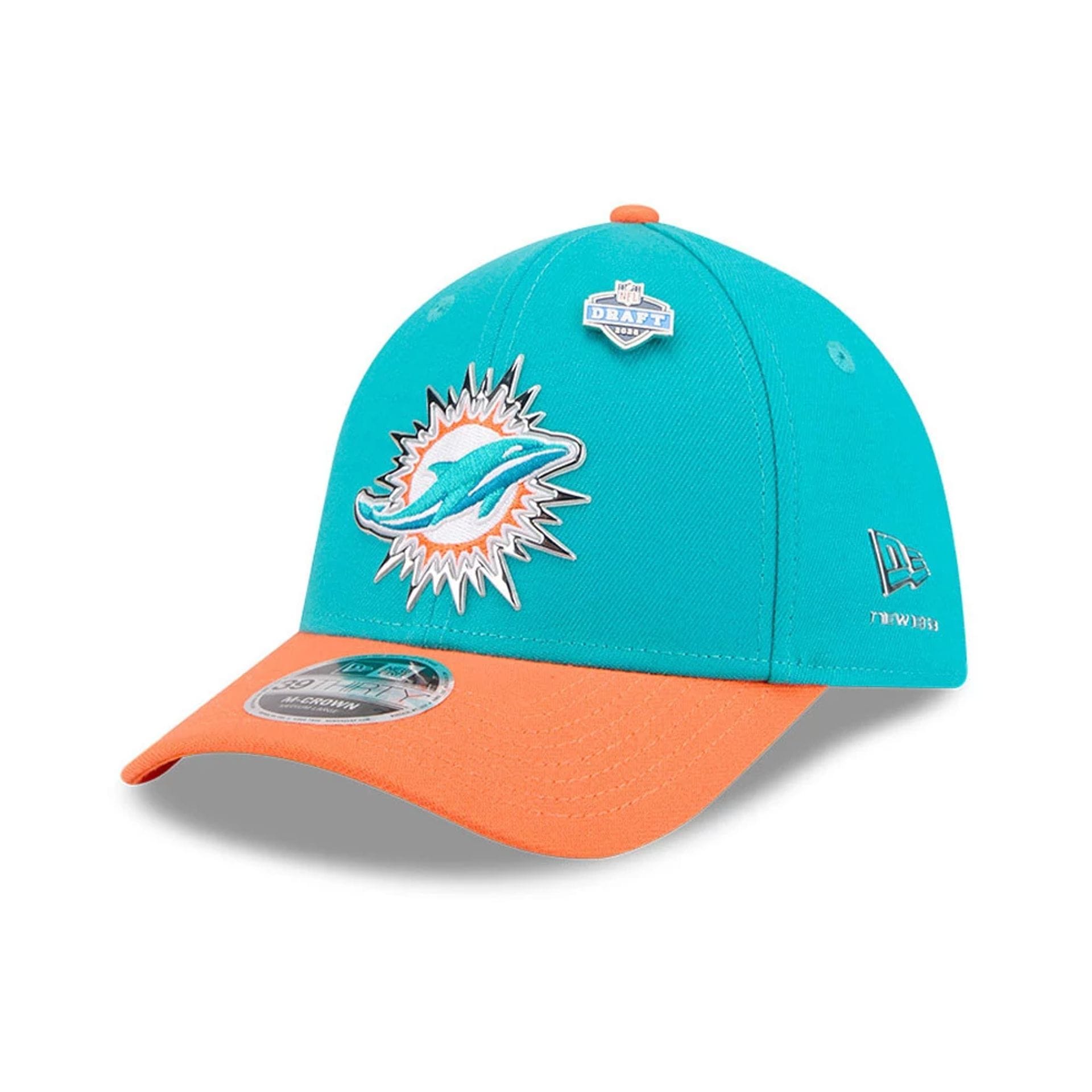Pictured is this NFL Draft 2026 Miami Dolphins 39THIRTY M-Crown Stretch Fit cap in turquoise. 1