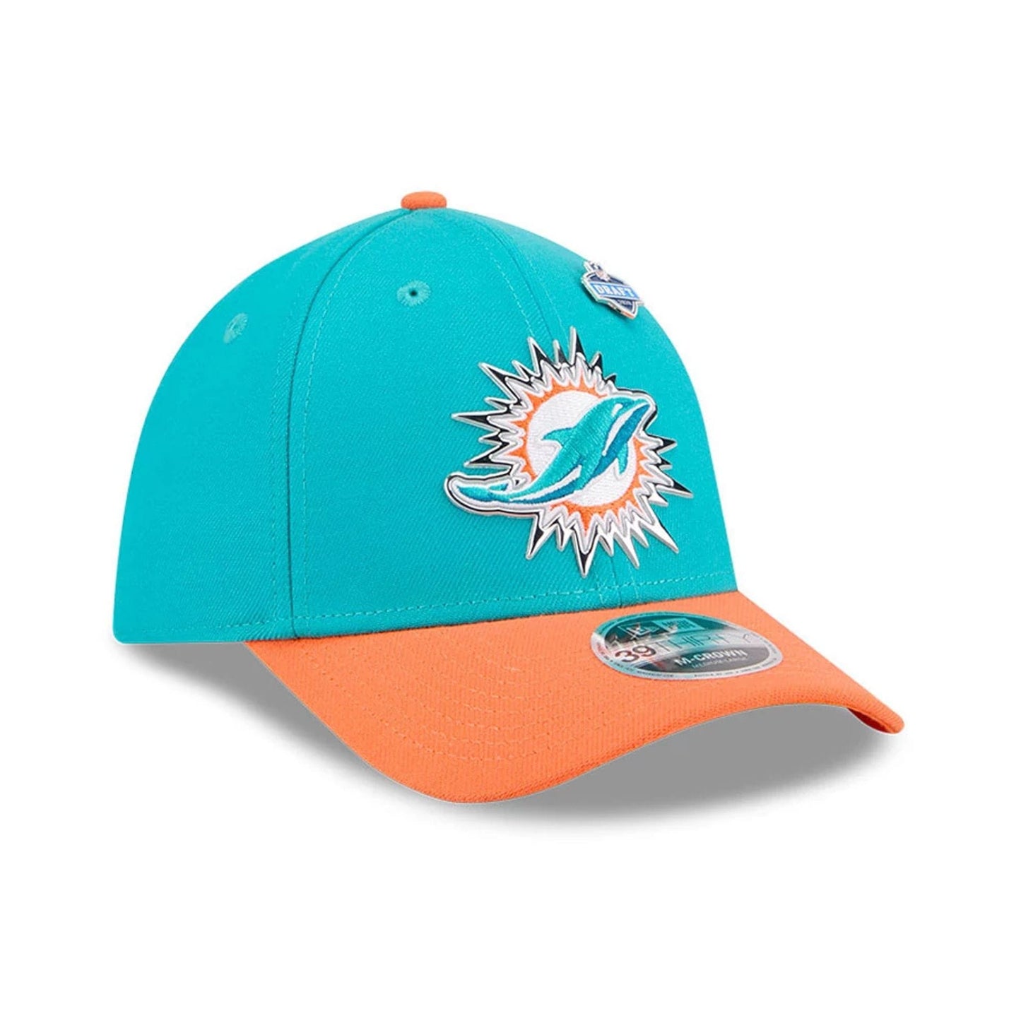 Pictured is this NFL Draft 2026 Miami Dolphins 39THIRTY M-Crown Stretch Fit cap in turquoise. 4