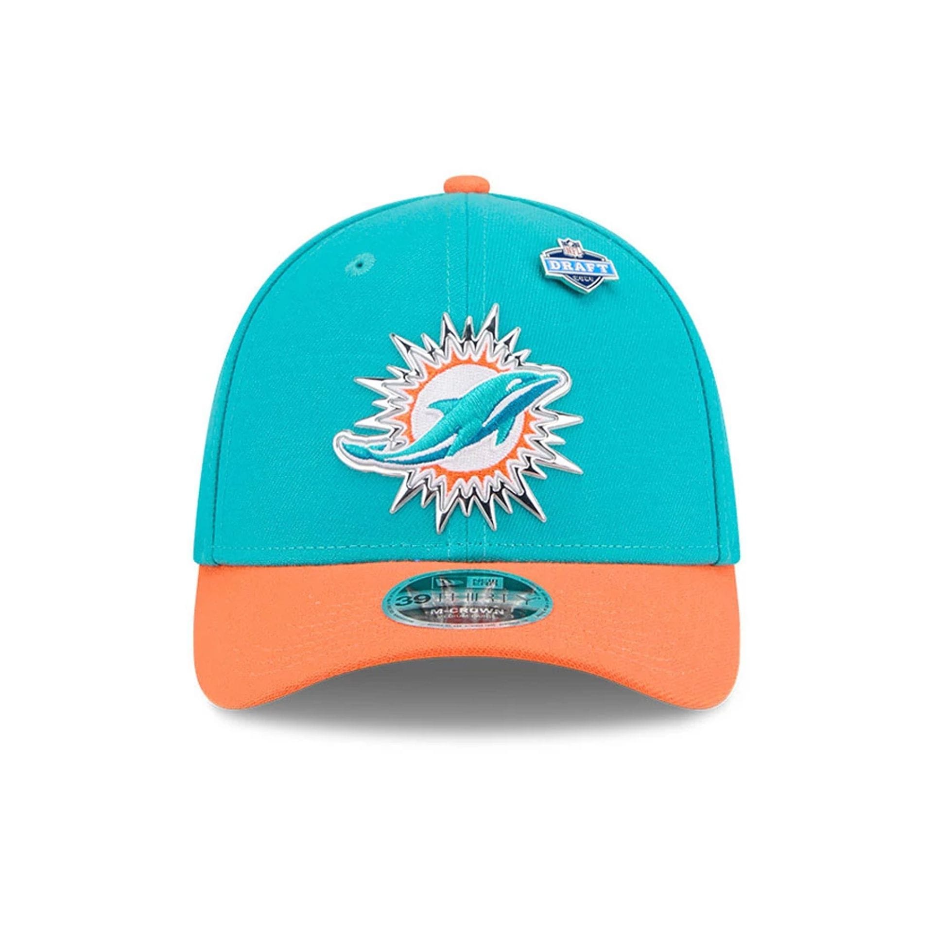 Pictured is this NFL Draft 2026 Miami Dolphins 39THIRTY M-Crown Stretch Fit cap in turquoise. 3