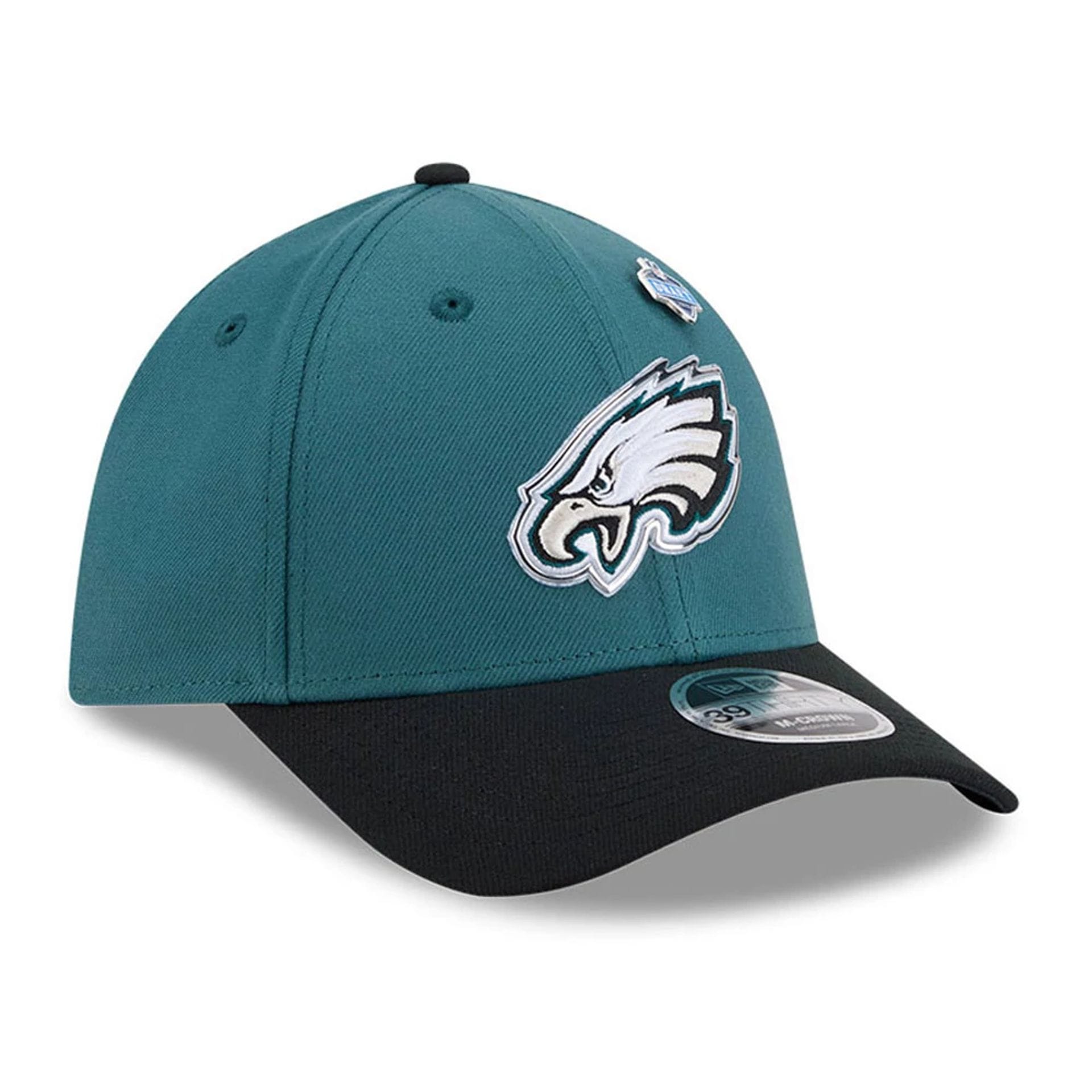 Pictured is this NFL Draft 2026 Philadelphia Eagles 39THIRTY M-Crown Stretch Fit cap in dark green. 4