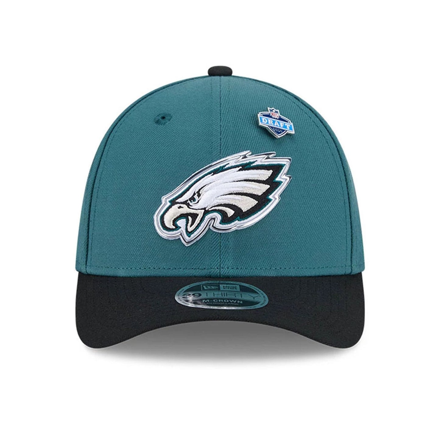 Pictured is this NFL Draft 2026 Philadelphia Eagles 39THIRTY M-Crown Stretch Fit cap in dark green. 3