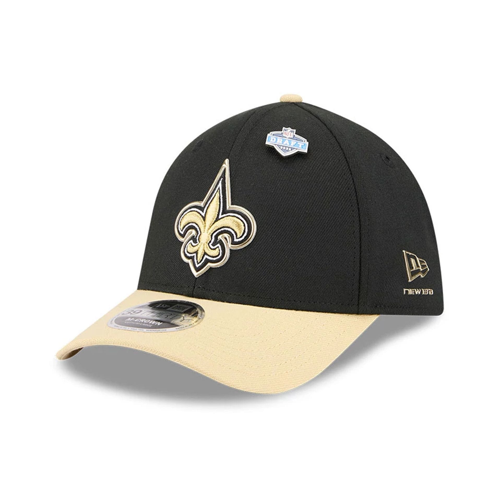Pictured is this NFL Draft 2026 New Orleans Saints 39THIRTY M-Crown Stretch Fit cap in black. 1